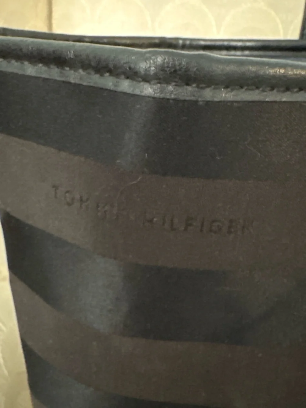 Tommy Hilfiger Black brown striped Tote with Gold Logo Medallion
